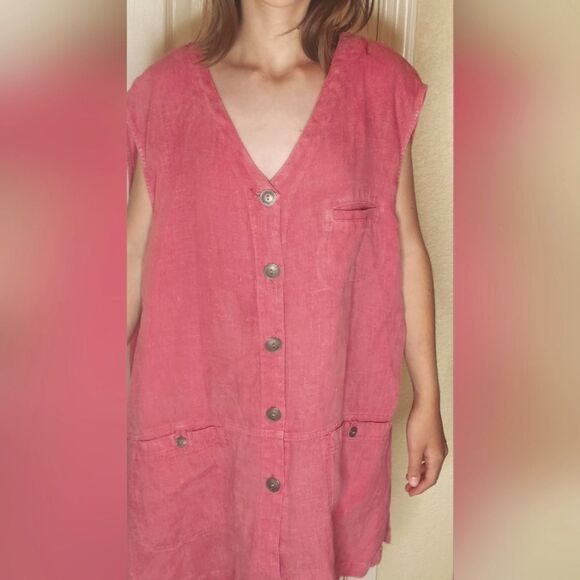 NU Construction XL PinkRedish Slvlss 100% LINEN Pockets Buttons Up Women Tunick - Picture 1 of 9